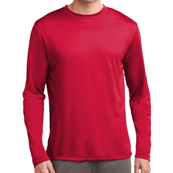 Front-Sport-Tek-ST350LS-polyester-tee-for-custom-screen-printing-DTF-transfers-embroidery-DTG-printing-full-color-printed-1-piece-minimum
