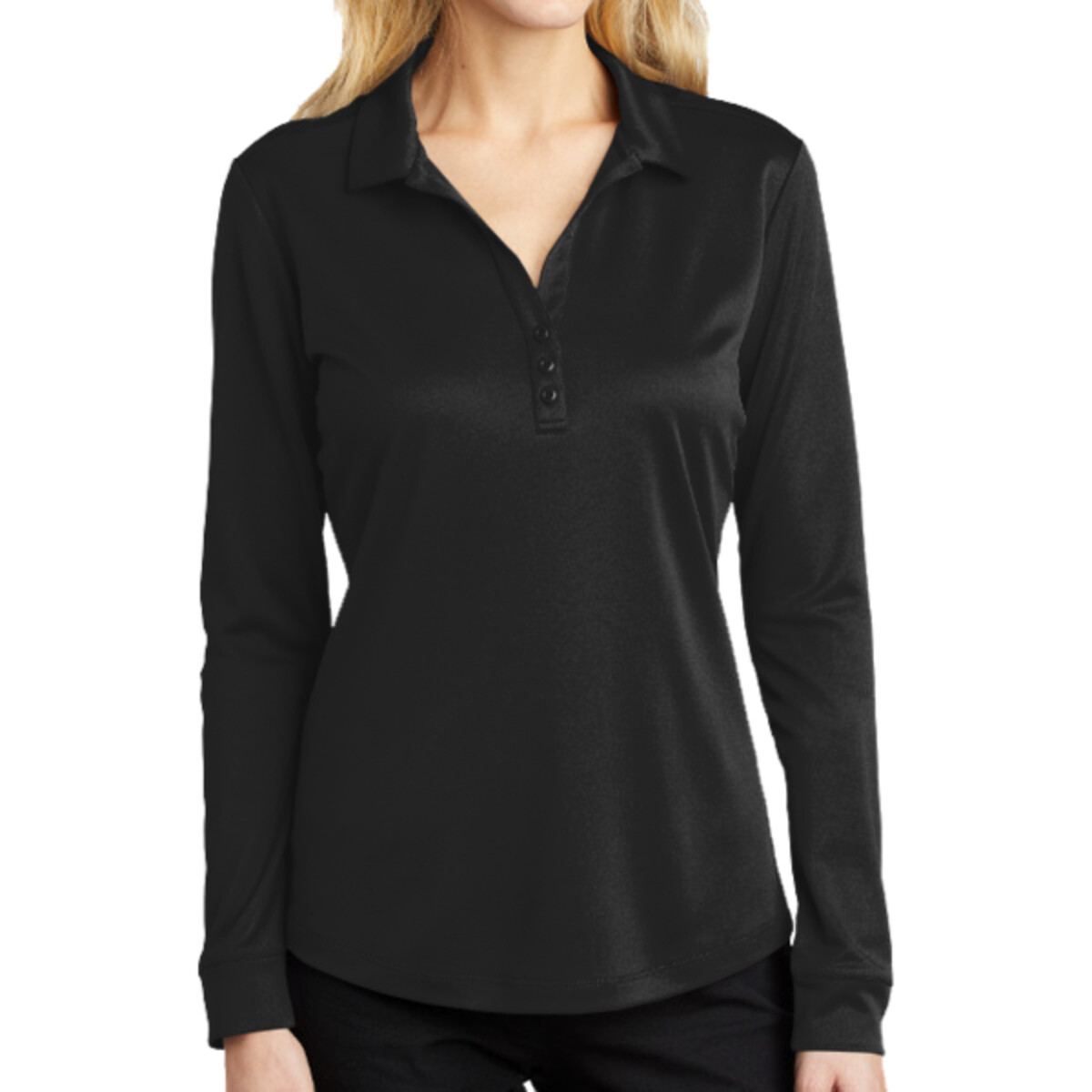 Front-L540LS-Ladies-Silk-Touch-Long-Sleeve-Polo-for-custom-embroidery-patches-DTF-transfers-screen-printing