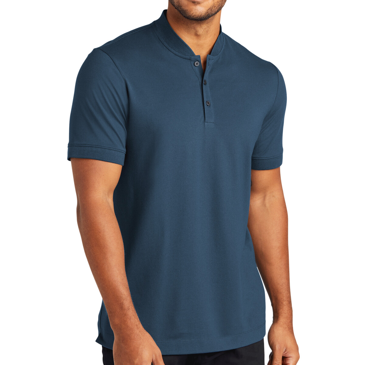 Front-Mercer+Mettle-Mens-MM1008-Stretch-Pique-Henley-Polo-for-custom-embroidery-DTF-transfers
